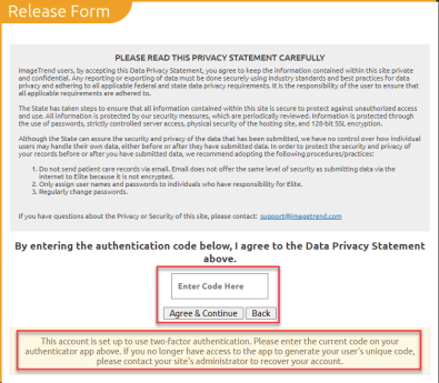 Screenshot of two factor code entry